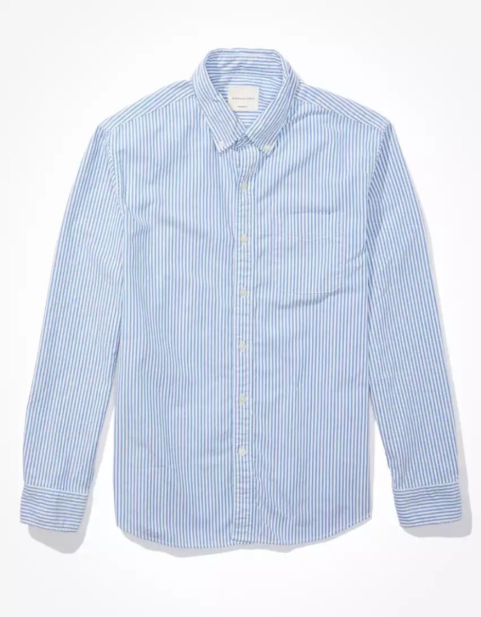 Hauts Flanelle American Eagle AE Everyday Rayé Oxford Button-Up Shirt Bleu Homme | GVD-31019974